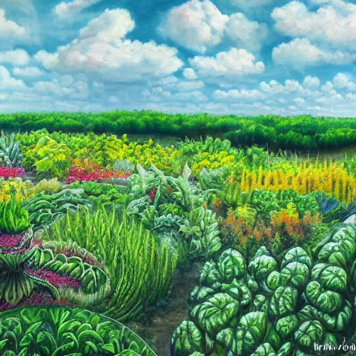 Image similar to ultra realistic painting of a cloudy sky over a field of alien plants, vegetables and flowers, 8 k