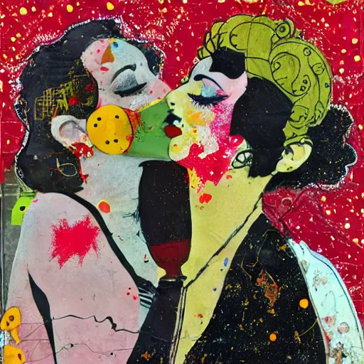 Image similar to two vampire women kissing at a carnival, mixed media collage, retro, paper collage, magazine collage, acrylic paint splatters, bauhaus, abstract claymation, layered paper art, sapphic visual poetry expressing the utmost of desires by jackson pollock