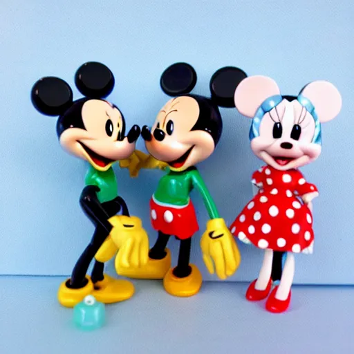 Prompt: product photograph of cute vintage disney figurines, cute, chibi, popular, collectible, toys figures, mickey mouse, miney mouse, pluto, kawaii, toys, white background,