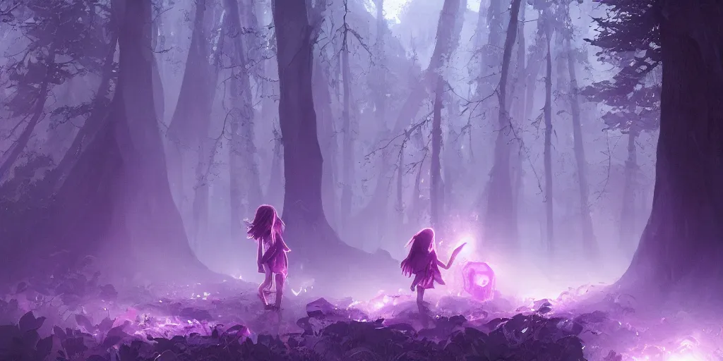 Image similar to a young girl lost in an endless the woods encounters a gigantic glowing purple crystal containing the spirit of the forest at night. Jordan Grimmer. Geoffroy Thoorens.