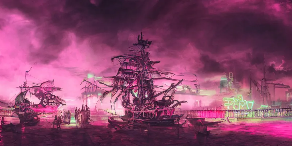 Prompt: pink underground, pirate neon ship with punks on board, mohawks, neon, oil painting, pink, rich deep colors masterpiece, ultra detailed, contrast, heaven pink, lots of roman arches, punk rock with mohawks, clouds, sky, volumetric light, atmospheric lighting, dramatic, cinematic, moody, octane render 4 k, 8 k