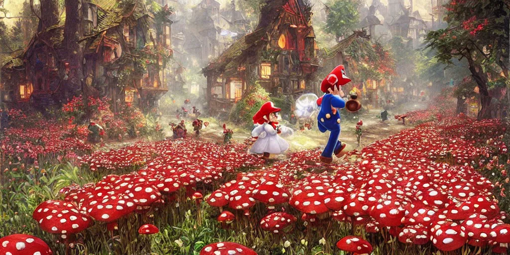 Image similar to Super Mario walking through the Mushroom Kingdom, Super Mario Theme, hundreds of red and white spotted mushrooms, by Stanley Artgerm Lau , greg rutkowski, thomas kindkade, alphonse mucha, loish, norman Rockwell