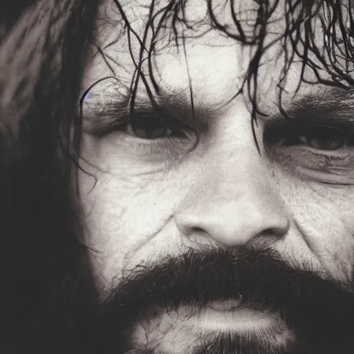 Image similar to portrait, extreme close up, sepia, beautiful light - randy savage, wet hair, stares at the camera, night sky, stars, bruce gilden, leica s, fuji 8 0 0, grainy, low light