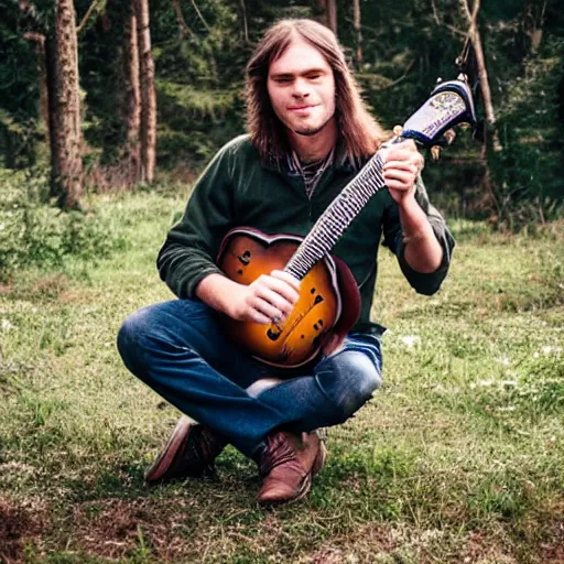 Image similar to a photo of a young man with long hair playing mandolin in the wilderness