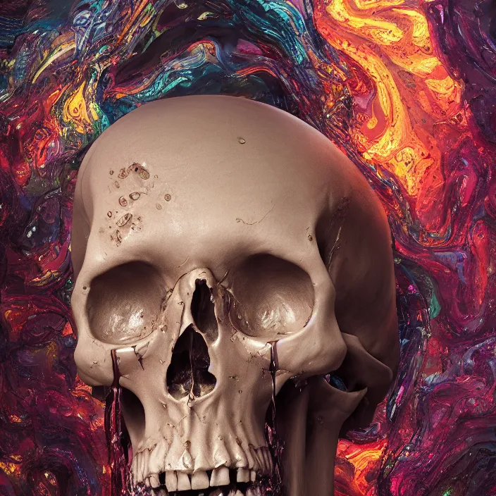 Image similar to a melting, dripping, human skull. intricate abstract. intricate artwork. by Tooth Wu, wlop, beeple, dan mumford. octane render, trending on artstation, greg rutkowski, coherent, symmetrical artwork. cinematic, hyper realism, high detail, octane render, 8k, depth of field, bokeh. iridescent accents