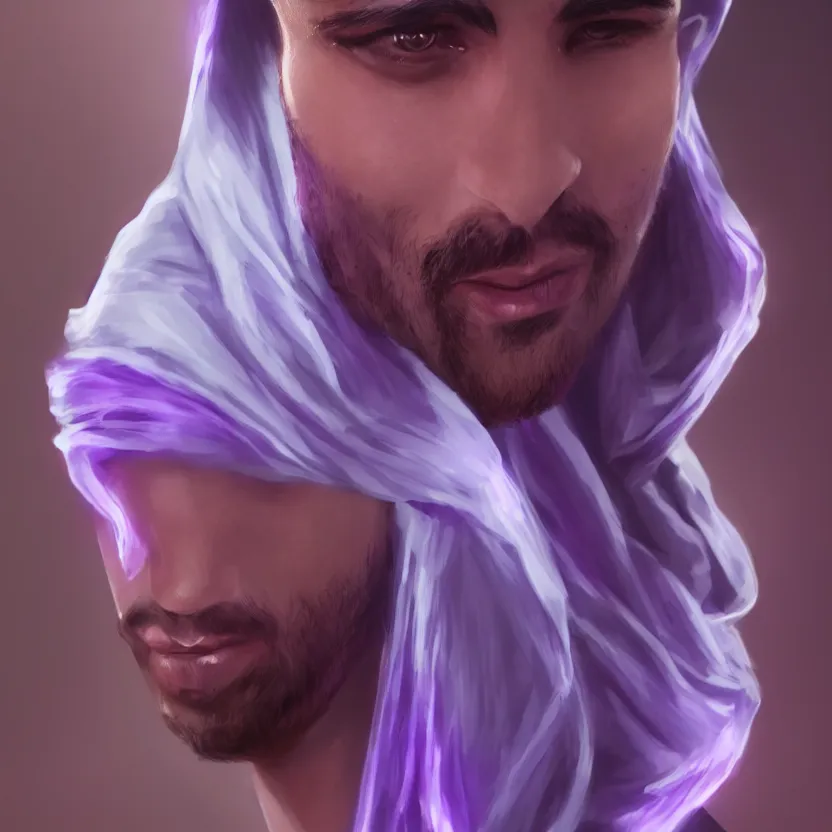 Prompt: Arabic male young adult with long beard and purple glimmering robes, hyperrealistic white lighting, treanding on artstationhq