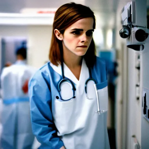 Image similar to emma watson, nurse scrubs, hospital, portrait, angry, mouth open, worms eye view, award winning, kodak ektachrome expired blue tint,