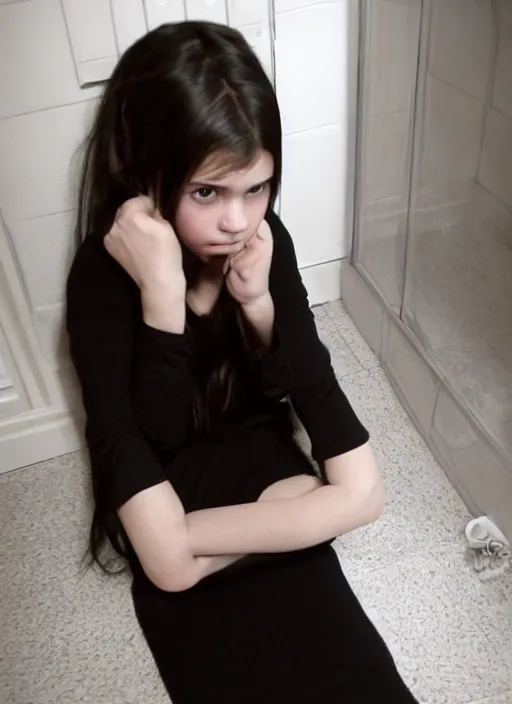 Image similar to a 1 4 year old girl eveline from resident evil 7 with straight long black hair wearing black dress that sitting on bathroom floor