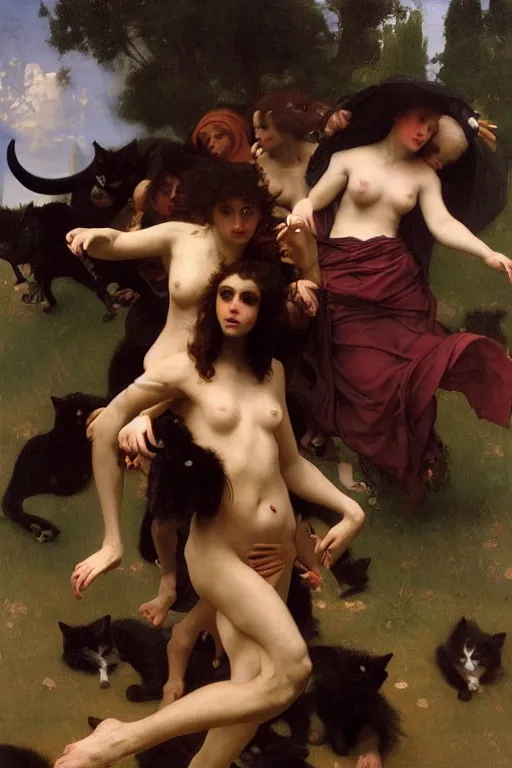 Image similar to a renaissance oil painting by alma tadema of demonic beautiful vampire woman running in fear from a group of gigantic cats, colourful pastel trending artstation, detailed portrait academic bouguereau caravaggio high shadow contrast medium shot