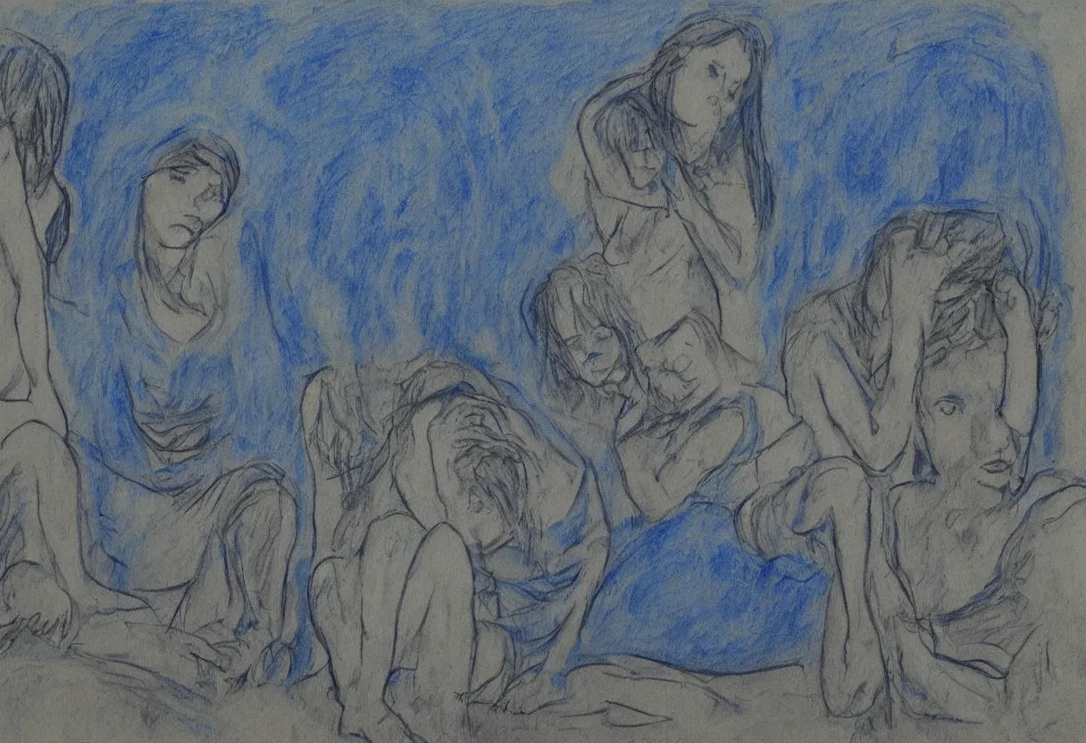 Prompt: a blue drawing of 3 maria's in a landscape crying