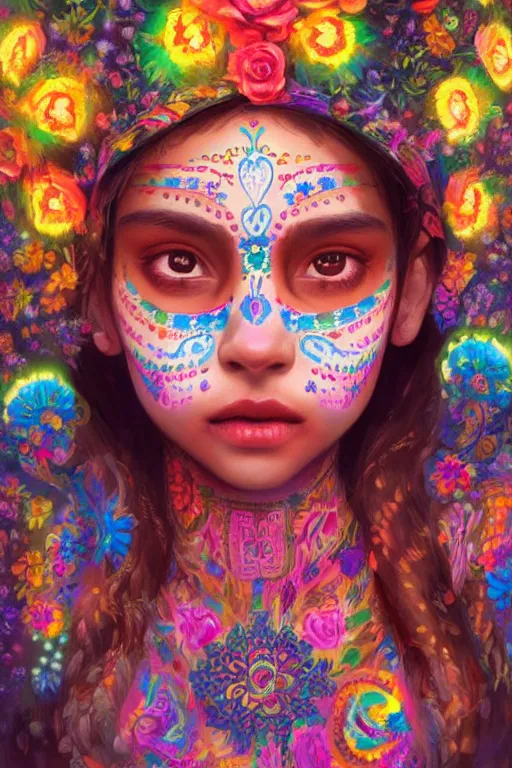 Prompt: portrait of mexican girl girl with colorful day of the dead patterns, staring directly into camera, intricate, elegant, glowing lights, highly detailed, digital painting, artstation, sharp focus, illustration, art by wlop, mars ravelo and greg rutkowski