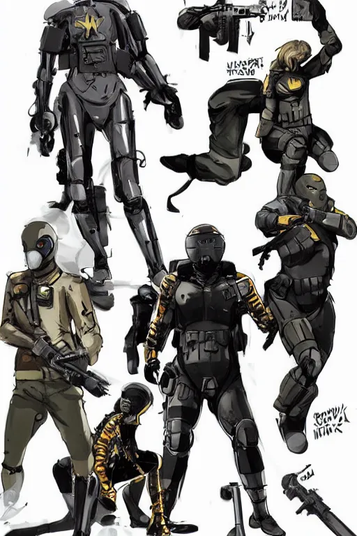 Prompt: robot ninja mask helmet metalgear solidsnake pose training suit swat heros chaykin howard and campion pascale and cooke darwyn and davis jack illustration character design concept the phantom pain cosplay sniper wolf