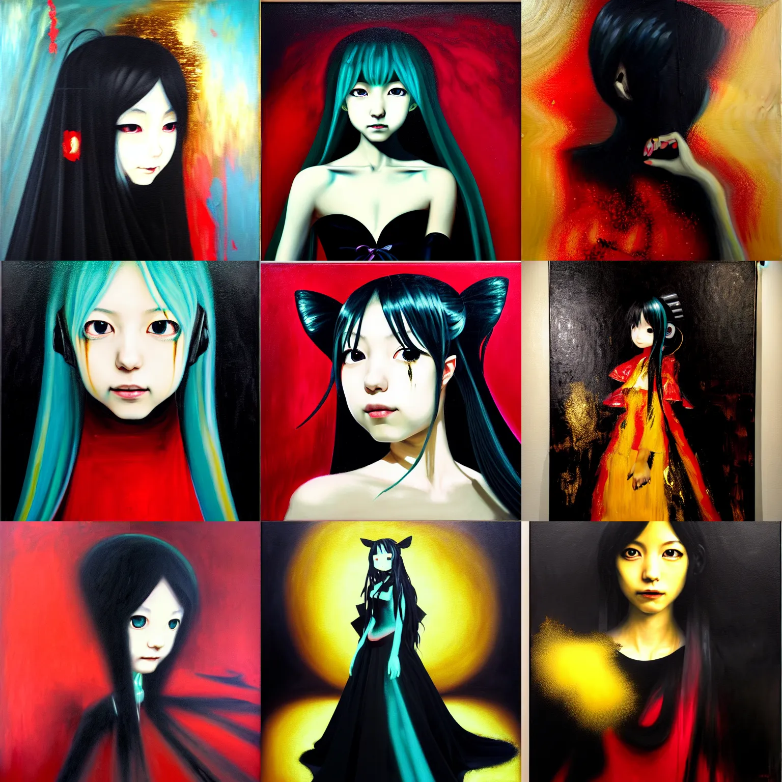 Image similar to , a very soft and dark haunting oil painting portait of hatsune miku in a black golden wedding dress, tachisme, scarlet background, by georges mathieu and antonio saura, tachisme, lyrical abstraction, action painting, ethereal, evil presence, haunted painting, tachisme, low lighting, georges mathieu, tachisme painting