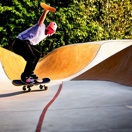 Prompt: professional photo of a skateboarder performing a grab trick, focused on brightly colored deck, thrasher magazine, 8 k, bokeh, bright ambient lighting key light, 8 5 mm f 1. 8