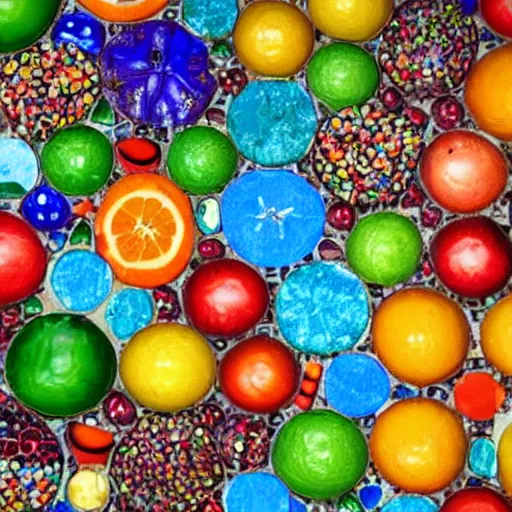 Prompt: a close up of a colorful mosaic wall with fruits, a mosaic by friedensreich hundertwasser, shutterstock contest winner, cloisonnism, stained glass, fauvism, ultrafine detail