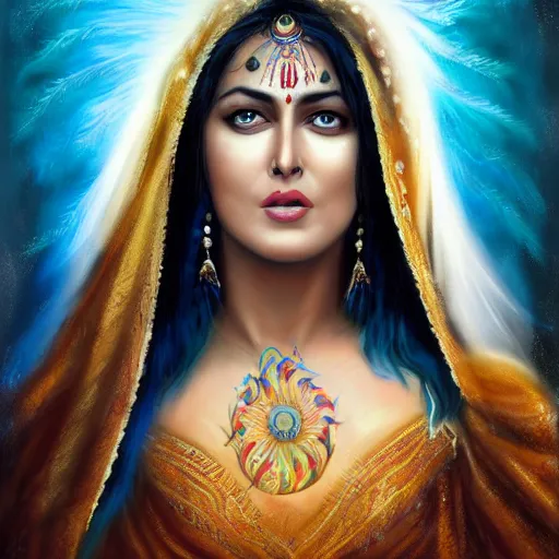 Image similar to India, magic, Beautiful face Portrait of crying young hindu Monica Bellucci, monstrous huge eyes, blue indygo thunder lightning, long wavy black hair, white veil, magic blue fire, closeup, focus face, dramatic lighting, intricate, India, wild, highly detailed, digital painting, artstation, concept art, smooth, sharp focus, illustration, art by artgerm and greg rutkowski and alphonse mucha, footage from space camera