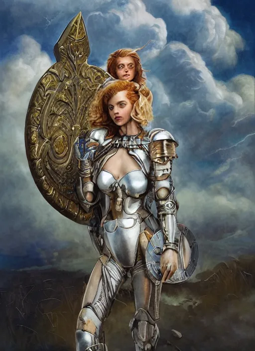 Image similar to symmetry!! portrait of a beautiful biblical diabolical agile girl holding shield, reflective porcelain skin, light cyborg armor, in clouds, cinematic studio light, windy, sunrise, by gerald brom, by mikhail vrubel, by peter elson, muted colors, extreme detail! trending on artstation, 8 k