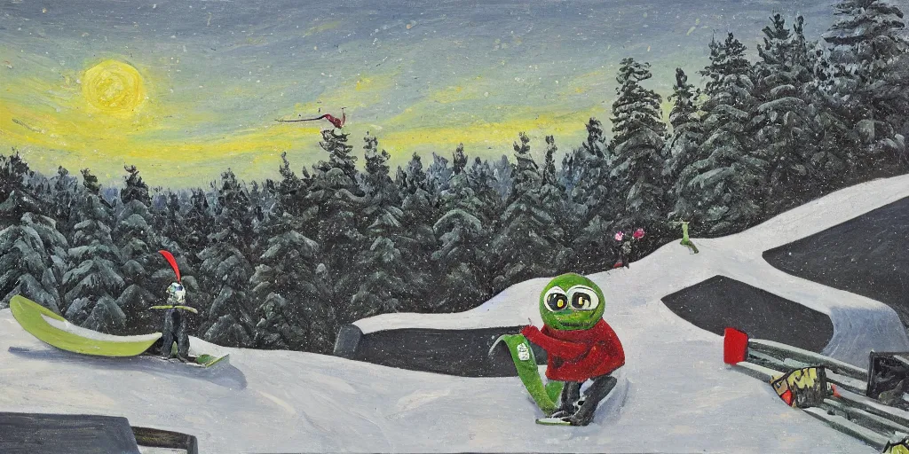 Image similar to pepe the frog snowboarding in terrain park, ramps, half - pipe, gloomy landscape, expressive oil painting by christopher radlund and camille pissaro