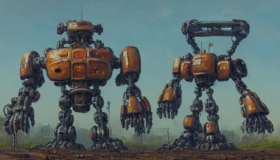 Image similar to an intricate oil painting of a giant scrap metal anime mecha with rounded components by simon stalenhag