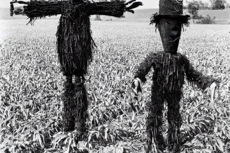 Prompt: frightening scarecrow from the early 1 9 0 0's dancing in the cornfields