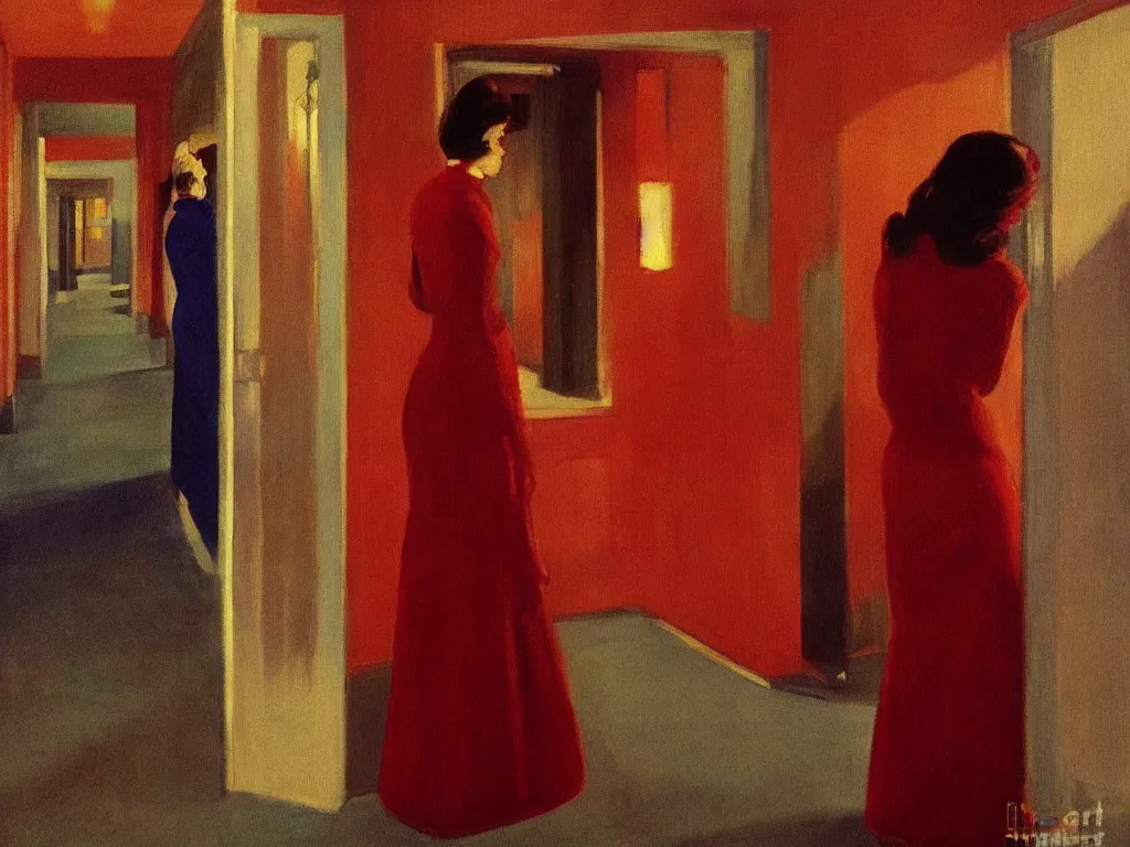 Prompt: the shinning hotel hallway, 70s, americana vibrant colors, dim, dark, single woman in red dress in the distance, cinematic, ultra view angle view, realistic detailed painting by edward hopper