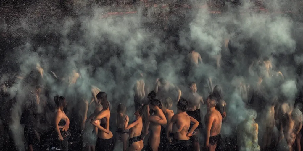 Image similar to love, groups of people with glowing bodies, from behind, rebirth, beauty, wide angle, elaborate, wet, highly detailed, smoke, steam, reflections, vivid colors, beautiful lighting