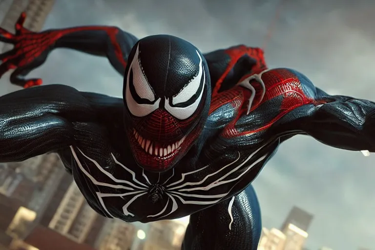 Prompt: venom fused with spider - man, ultra realistic 4 k unreal engine very cinematic render with ray tracing bloom ambient occlusion strong reflections