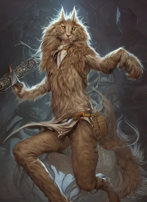 Image similar to stone maine coon, anthropomorphic large maine coon, dnd bipedal golem character, golem coon, aware. stone cat. dnd character concept, dnd digital painting, dnd artstation, dnd concept art, smooth, super sharp focus, illustration, art by artgerm and h r giger and alphonse mucha. epic fantasy illustration for dnd character