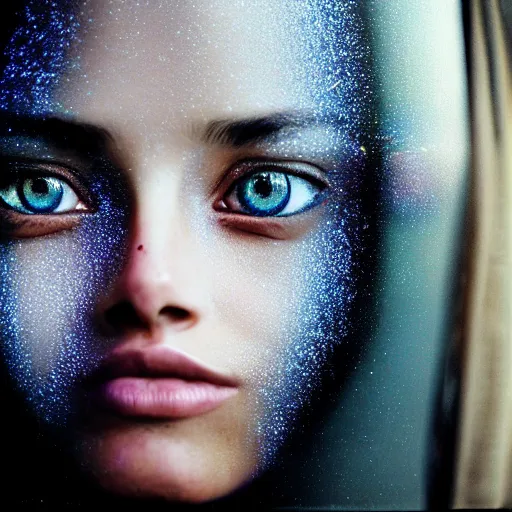 Image similar to photo portrait of woman face with galaxies reflected inside her eyes, by Steve McCurry