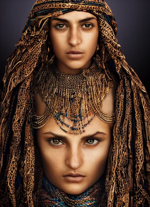 Image similar to portrait of a stunningly beautiful middle eastern tribal female, depth of field, zeiss lens, detailed, symmetrical, centered, fashion photoshoot, by Annie Leibovitz and Steve McCurry, David Lazar, Jimmy Nelsson, Breathtaking, 8k resolution, extremely detailed, beautiful, establishing shot, artistic, hyperrealistic, beautiful face, octane render