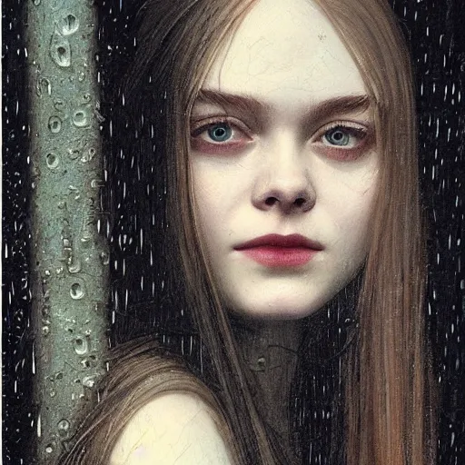 Image similar to a striking esoteric painting of Elle Fanning in the rain, dark, metal, black background, occult, by John William Waterhouse