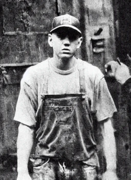 Prompt: old photo of eminem as a coal miner