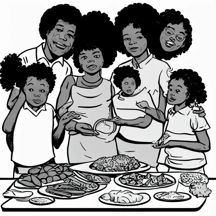 Image similar to African American family in 1979 with two daughters and a son eating chicken, mash potatoes, and rolls for dinner. Cartoon version