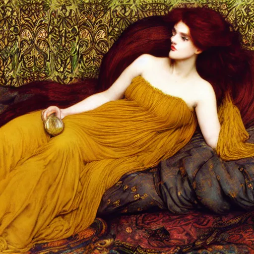 Image similar to preraphaelite photography reclining on bed, a hybrid of judy garland and a hybrid of lady gaga and nicole richie, aged 2 5, big brown fringe, wide shot, yellow ochre ornate medieval dress, john william waterhouse, kilian eng, rosetti, john everett millais, william holman hunt, william morris, 4 k