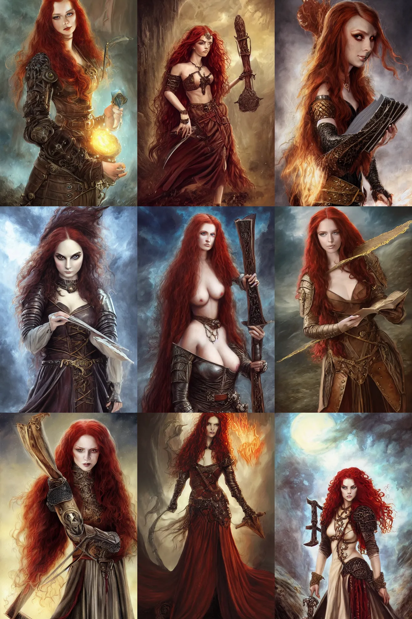 Prompt: young woman with long wavy red hair, serious look, wearing medieval gown and leather armor, holding a spellbook, big eyes, wizard, style of boris vallejo and frank frazetta, hyper realistic, very detailed, dark fantasy, dnd character, full body