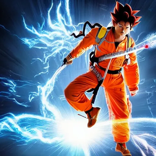 Prompt: stunning awe inspiring son goku with a highly detailed face as a ghostbuster in the movie ghostbusters, movie still 8 k hdr atmospheric lighting