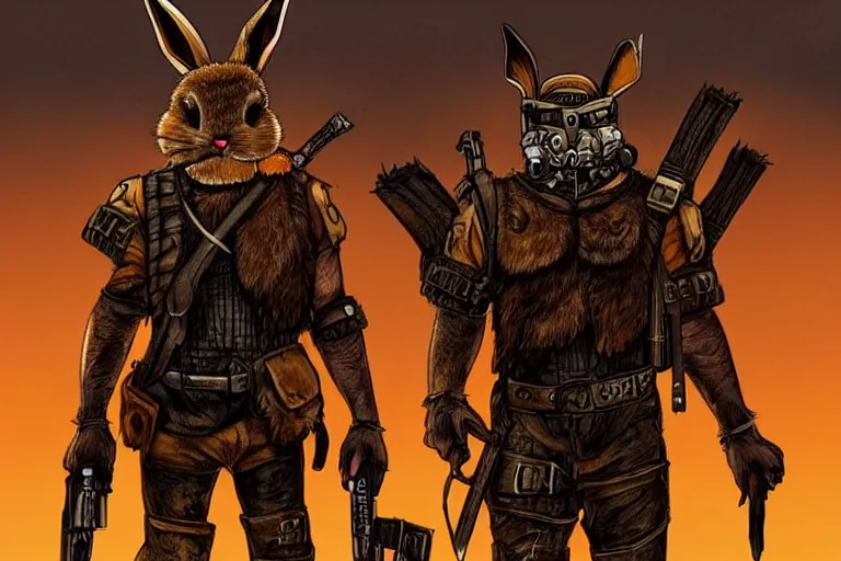 Image similar to a good ol'rabbit fursona ( from the furry fandom ), heavily armed and armored facing down armageddon in a dark and gritty version from the makers of mad max : fury road. witness me.