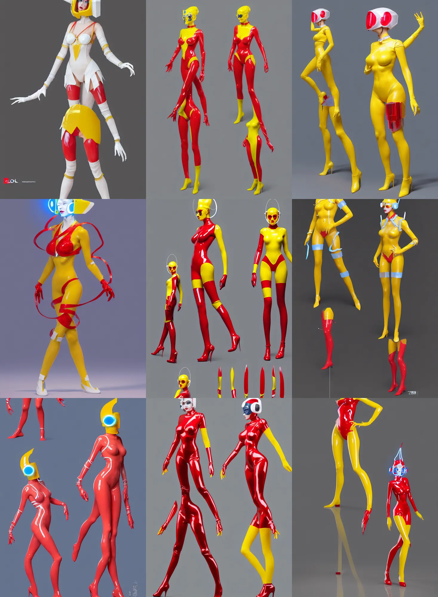 Prompt: a full body character design by loish, hong soonsang, tooth wu and zeen chin white and yellow tape and red translucent plastic tape attctive showgirl!! sci - fi helmet with blue glowing eyes!! sharp edges. contour light!! ultra detailed, elegant, intricate, octane render.