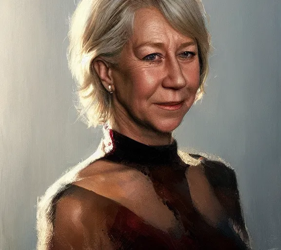 Prompt: a hyper-detailed portrait of Helen Mirren by Craig Mullins; oil on canvas; trending on artstation; 90mm; f/1.4