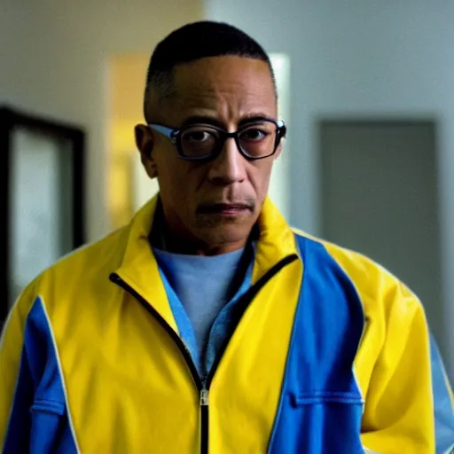 Image similar to gus fring in a blue varsity jacket with yellow sleeves, still from breaking bad