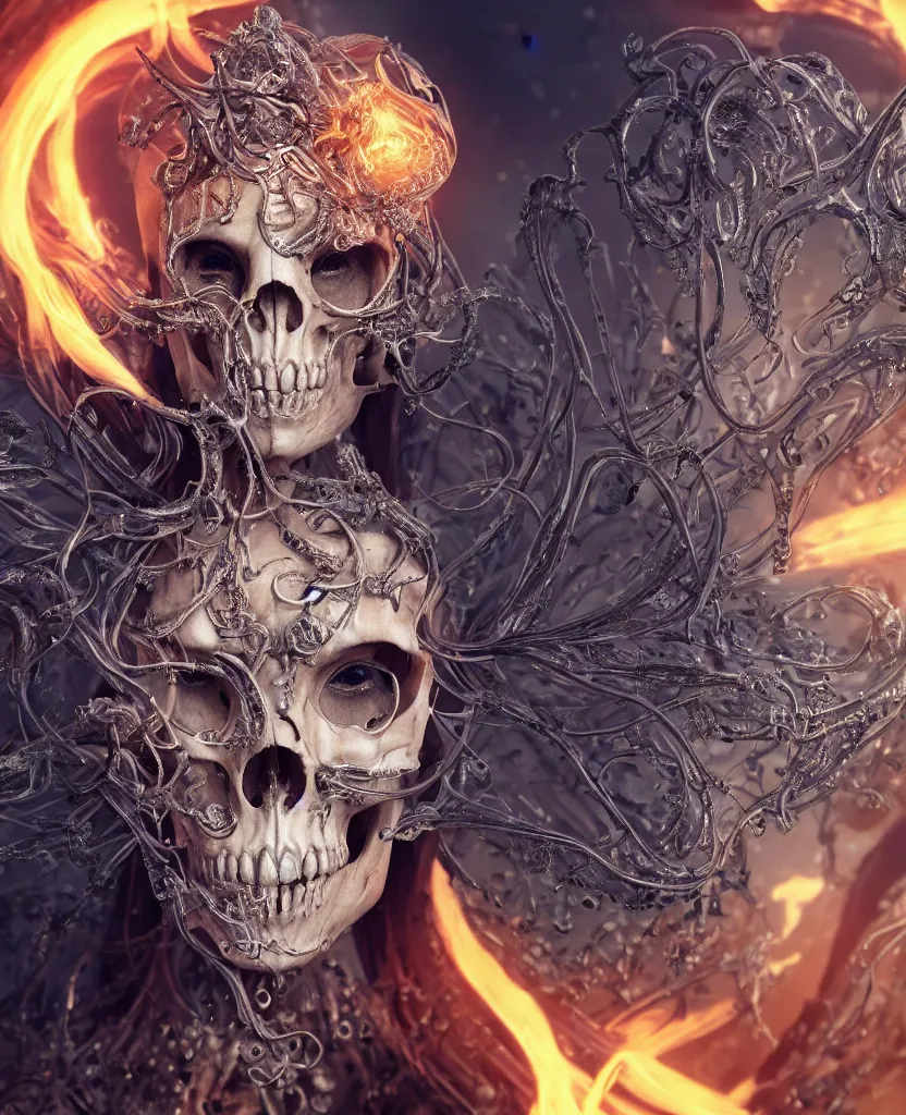 Image similar to close-up macro portrait of the face of a beautiful princess with animal skull mask, epic angle and pose ribcage skeleton, symmetrical artwork, 3d with depth of field, blurred background, cybernetic jellyfish female face skull phoenix bird, translucent, nautilus, energy flows of water and fire. a highly detailed epic cinematic concept art CG render. made in Maya, Blender and Photoshop, octane render, excellent composition, cinematic dystopian brutalist atmosphere, dynamic dramatic cinematic lighting, aesthetic, very inspirational, arthouse. y Greg Rutkowski, Ilya Kuvshinov, WLOP, Stanley Artgerm Lau, Ruan Jia and Fenghua Zhong