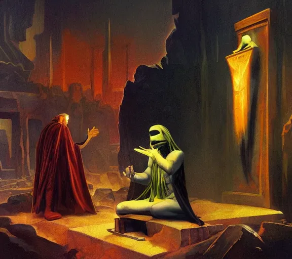 Image similar to robed cyberpunk cultist worshipping at an altar of an ancient god by frank frazetta and bosch, colorful digital art, serious painting, very detailed