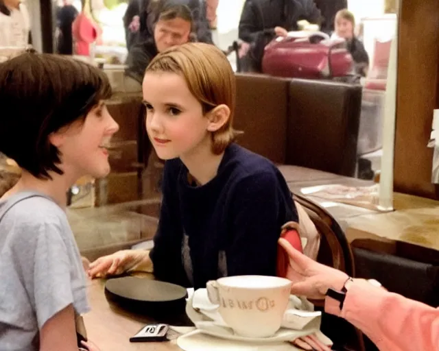 Image similar to winona ryder at age 12 meeting millie bobby brown for coffee, candid shot, TMZ, by cameldeath