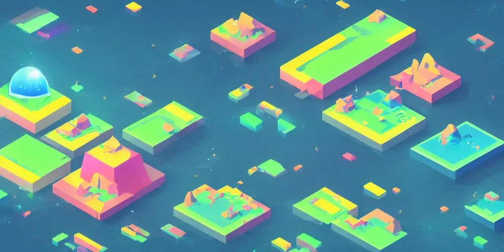 Image similar to isometric videogame screenshot, seperate floating islands, neon, space background, blocks, axure tones, ocean, clouds, mountains, plastic sheen, lensflare, sparkles, glow, shine