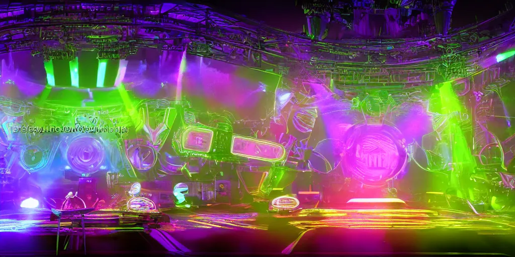 Image similar to a concert stage, big glowing letters over the stage tripmachine, center of the stage is a big futuristic steampunk generator surrounded by speaker towers, rock musicians on the stage, laser show, 8 k, fluorescent colors, halluzinogenic, multicolored, exaggerated detailed, unreal engine