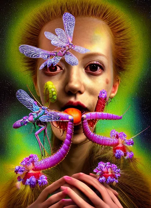 Image similar to hyper detailed 3d render like a Oil painting - kawaii half visceral portrait Aurora (gold haired Singer Praying Mantis Dragonfly) seen Eating of the Strangling network of yellowcake aerochrome and milky Fruit and Her compund eyes delicate Hands hold of gossamer polyp blossoms bring iridescent fungal flowers whose spores black the foolish stars by Jacek Yerka, Mariusz Lewandowski, Houdini algorithmic generative render, Abstract brush strokes, Masterpiece, Edward Hopper and James Gilleard, Zdzislaw Beksinski, Mark Ryden, Wolfgang Lettl, hints of Yayoi Kasuma, octane render, 8k