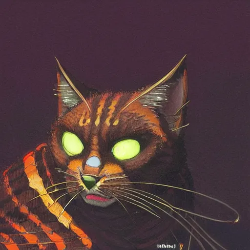 Image similar to a tabaxi!! samurai with dark orange fur and dark green glowing eyes, medium shot!, character illustration by Moebius! artstation, character concept art, John Berkey, Michael Whelan