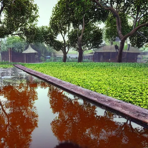 Image similar to still photo of rain puddles and reflections in an indian village, cloudy weather, highly detailed, photorealistic shot, bright studio setting, studio lighting, crisp quality and light reflections, unreal engine 5 quality render