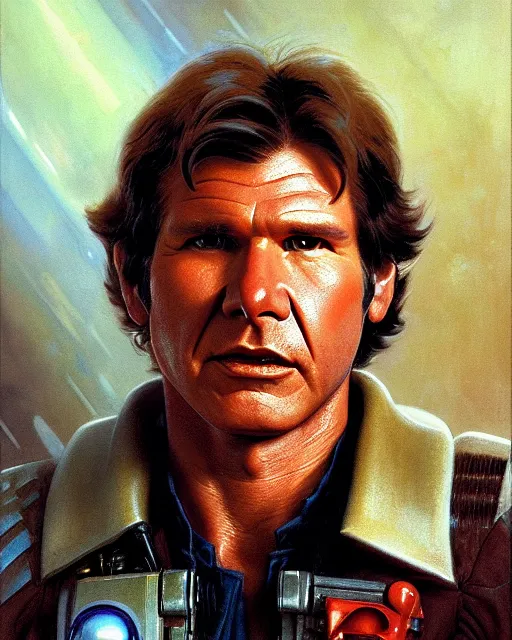 Prompt: character portrait closeup 4 0 years old han solo harrison ford cyberpunk starcraft terran warhammer 4 0 k space marine, confident, character design, painting by gaston bussiere, ralph mcquarrie, katsuya terada, frank frazetta, tom of finland, trending on artstation