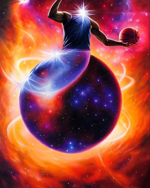 Image similar to cosmic basketball player dunking a basketball hoop in a nebula, an oil painting, by ( leonardo da vinci ) and greg rutkowski and rafal olbinski and ross tran, award - winning magazine cover